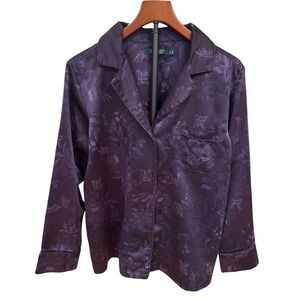 Lauren Ralph‎ Lauren Purple Floral Jacquard Pajama Top Sleep Shirt Crest Logo M